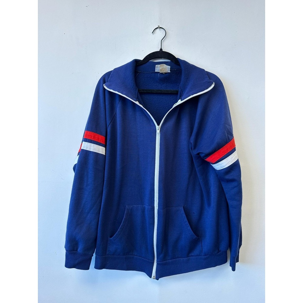 Vintage Activewear Track‎ Jacket Large Blue Full Zip Fleece Stripes 80s